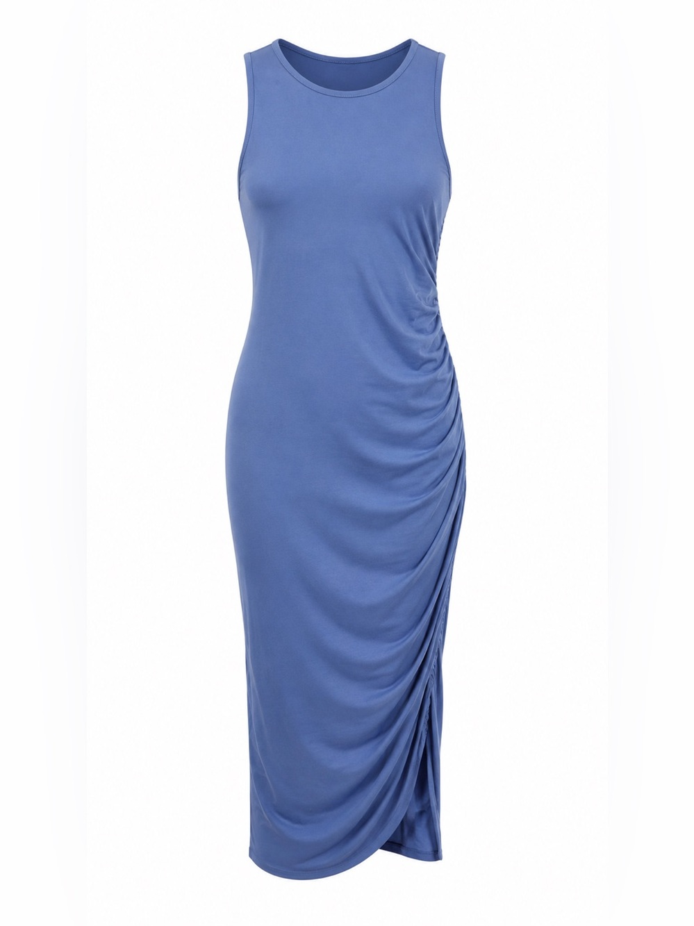 Sleeveless Ruched Midi Dress In Periwinkle Blue